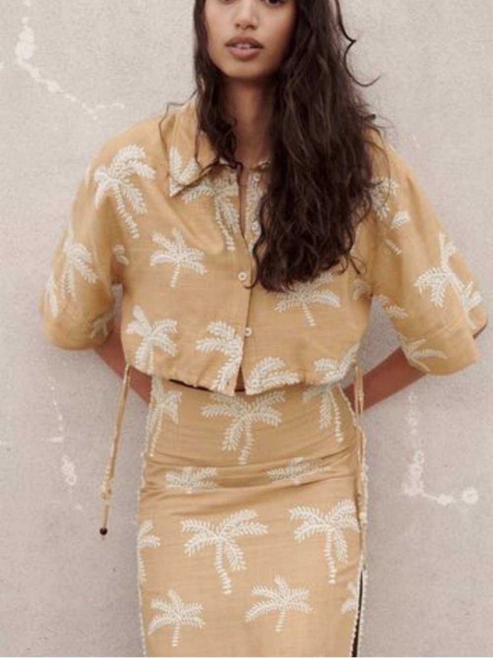 Palm Print Linen Crop Shirt